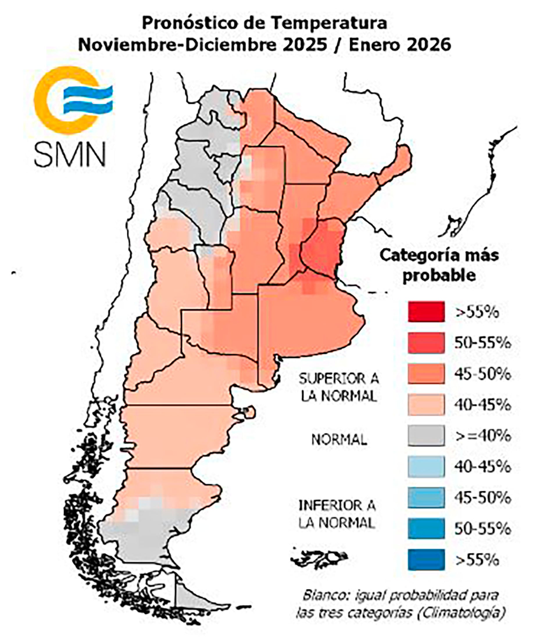 Los mapas del SMN muestran mayor probabilidad de temperaturas elevadas en el centro y noreste