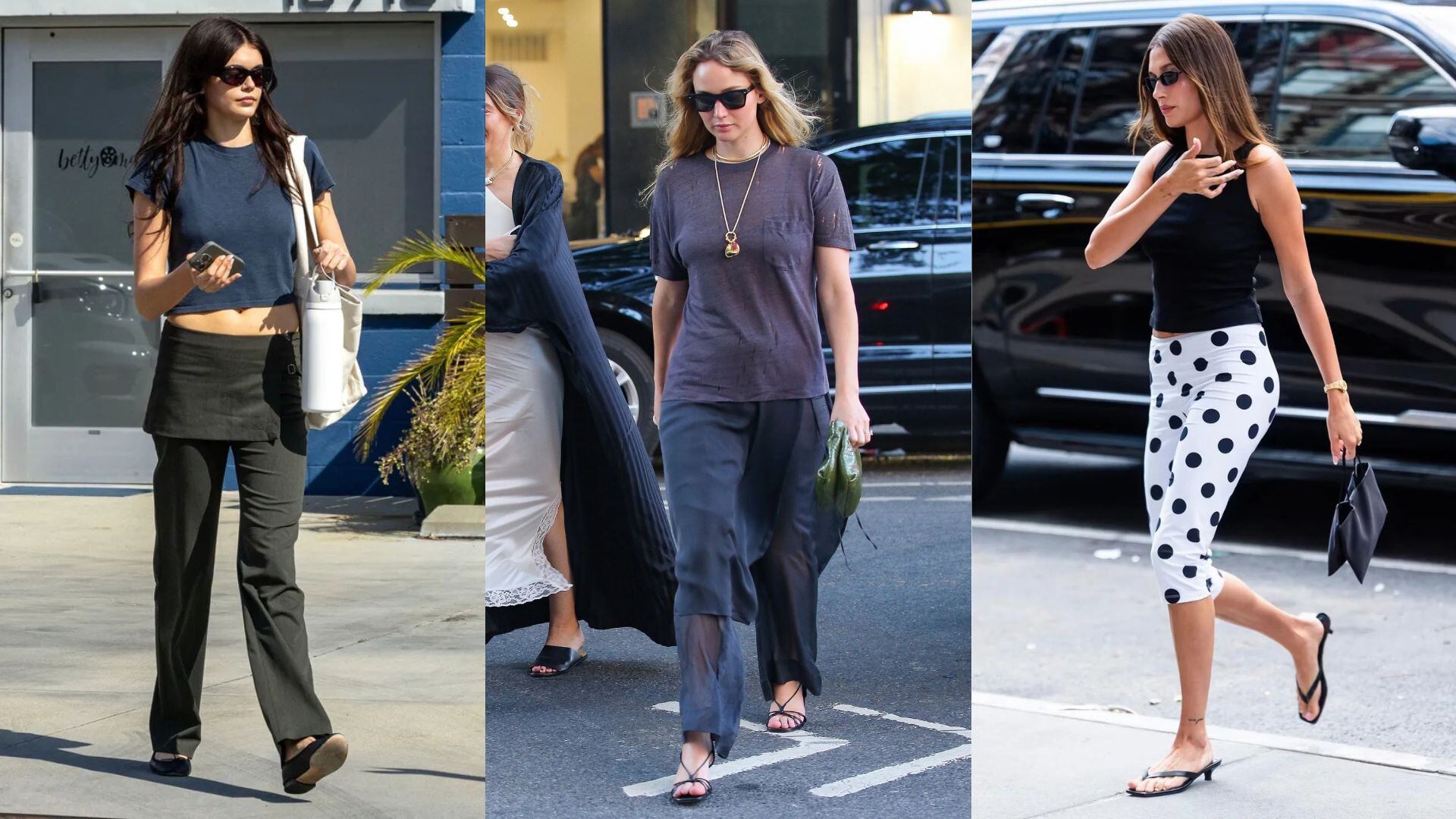 Kaia Gerber, Jennifer Lawrence y Hailey Bieber con prendas de Paloma Wool (INFOBAE ESPAÑA).