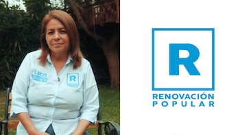 Lizzi del Rocío Sueldo Matos sentada en una banca junto al logotipo del partido político Renovación Popular