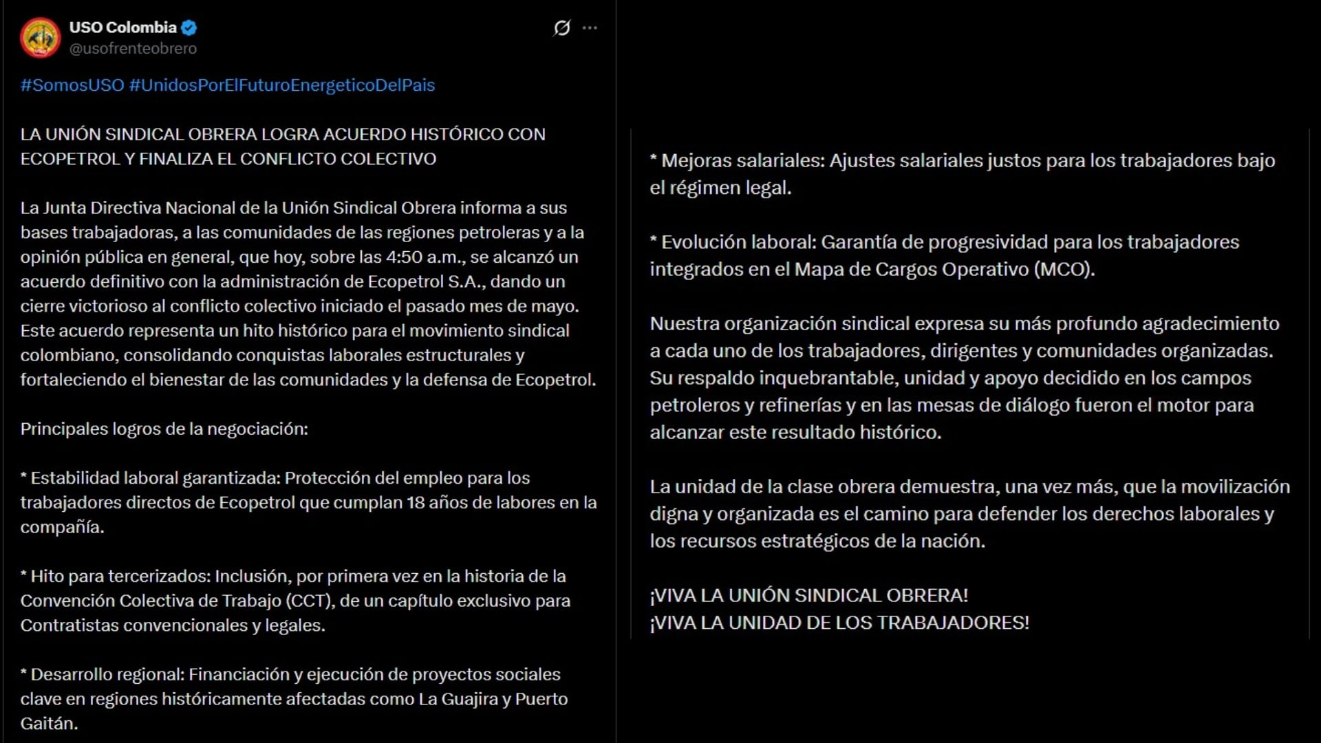 El pliego de la USO reclamó aumentos salariales, estabilidad laboral y garantías para trabajadores directos y contratistas de Ecopetrol - crédito @usofrenteobrero/X