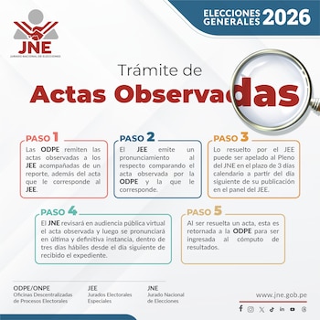 Infografía del JNE mostrando 5 pasos para el trámite de actas observadas, con el logo del JNE, el texto 'Elecciones Generales 2026' y una lupa sobre 'Observadas'