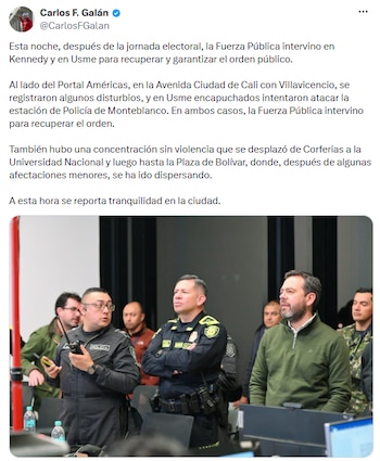 Galán reporta intervención de la Fuerza Pública tras disturbios en Kennedy y Usme luego de la jornada electoral en Bogotá - crédito @CarlosFGalan/X