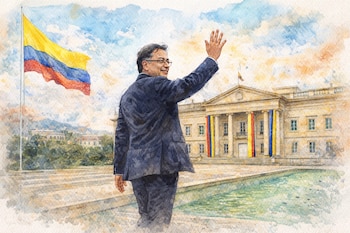 Ilustración acuarela de Gustavo Petro de espaldas parcialmente, saludando frente a la Casa de Nariño, con la bandera de Colombia ondeando.