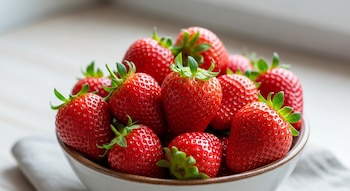 Primer plano de un bowl blanco lleno de fresas rojas vibrantes con sus pequeños tallos verdes, sobre una superficie clara con un paño de lino gris.