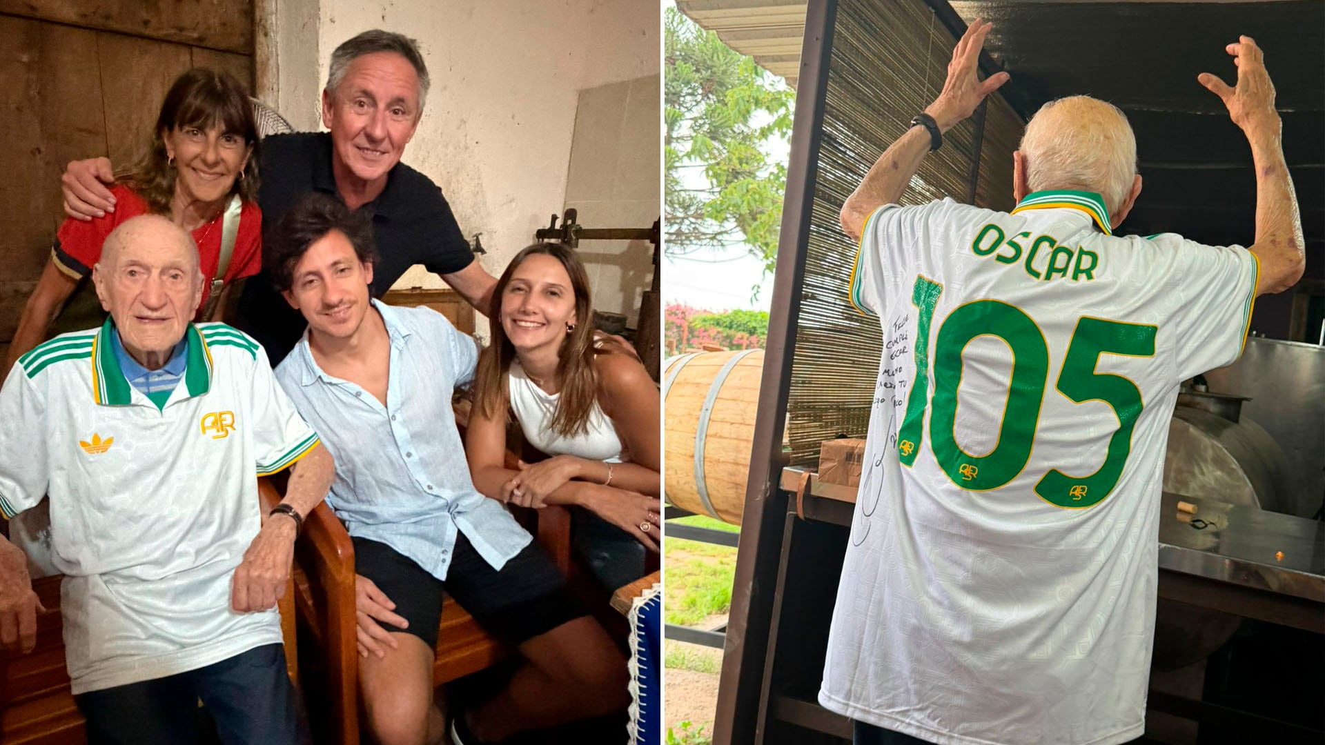 A los 105 años, Don Oscar recibió la tradicional camiseta de Paulo Dybala con su edad en la espalda, un gesto que se repite desde sus 98 años.