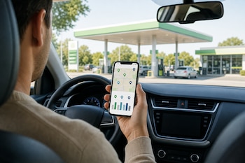Mano de un conductor que sostiene un teléfono móvil con un mapa y gráficos frente al volante y el parabrisas de un vehículo.