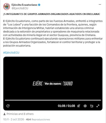 El Ejército Ecuatoriano indicó que los grupos operaban en el sector de Guayusa, donde, de acuerdo con inteligencia militar, extorsionaban a propietarios y operadores de maquinaria asociada a la extracción clandestina de oro - crédito @EjercitoECU/X