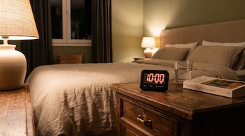 Temporizador digital en 10:00, vaso de agua y un libro sobre una mesa de noche de madera junto a una cama en un dormitorio.
