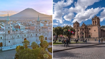 Díptico con vista aérea de la Catedral de Arequipa con el volcán Misti al fondo, y vista de la Plaza de Armas de Cusco con su catedral y personas