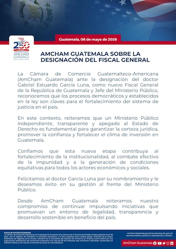 Documento digital con encabezado azul que muestra el escudo de Guatemala y la bandera de EE.UU. Contiene el logo de AmCham Guatemala y un comunicado de prensa en español