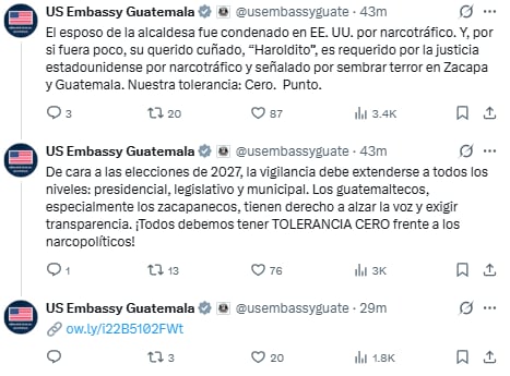 La misión diplomática estadounidense instó a supervisar las candidaturas municipales, legislativas y presidenciales para las elecciones de 2027. (Cortesía: Embajada de Estados Unidos en Guatemala)