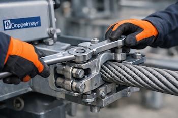 Manos con guantes de seguridad naranjas usan una llave para ajustar un cable grueso de metal sobre una estructura con el logo de Doppelmayr.