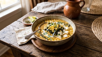 Un plato hondo con sopa de elote, rajas de chile y queso panela junto a una jarra de barro y limones sobre una mesa de madera.