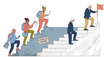Ilustración de cinco personas subiendo una escalera que pasa de concreto agrietado a mármol, con un cartel "OPEN TO WORK" y una bandera roja