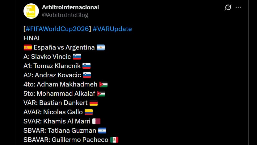 Nicolás Gallo integra el cuerpo arbitral para la final del Mundial 2026 entre España y Argentina - crédito @ArbitroInteBlog/X