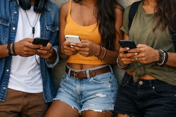 Vista de cerca de tres jóvenes de piel morena, sin rostro visible, cada uno sosteniendo y mirando un teléfono móvil. Se ven sus manos y parte de sus torsos.