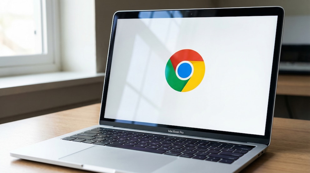 Pantalla de laptop MacBook Pro mostrando el logo de Google Chrome sobre un escritorio de madera.