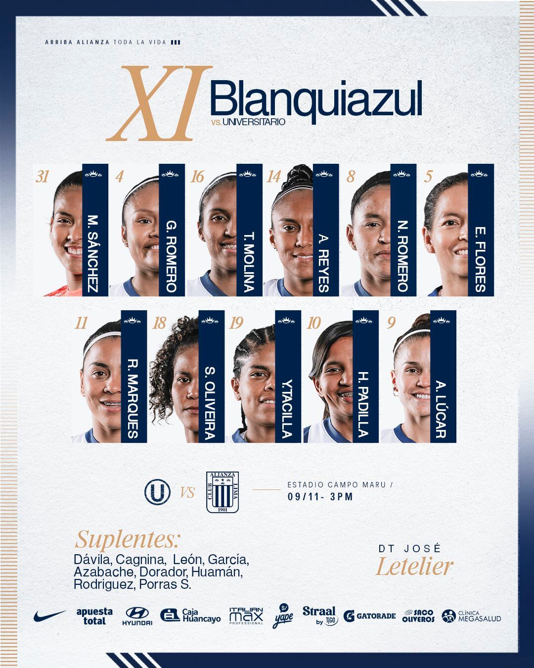 Once de Alianza Lima femenino para el duelo ante Universitario femenino por la final ida de la Liga Femenina 2025.