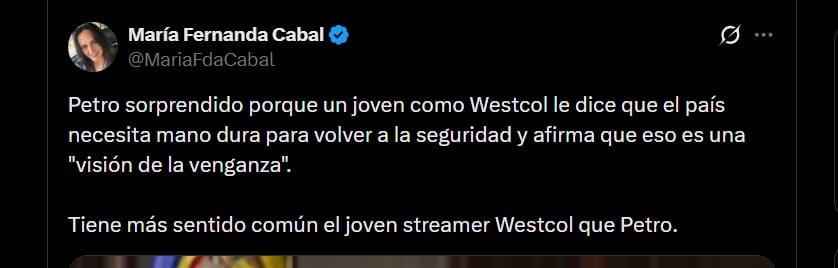 María Fernanda Cabal - crédito @MariaFdaCabal/X