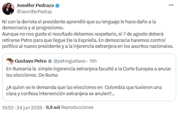 Jennifer Pedraza pidió respeto al resultado electoral y cuestionó el discurso de Gustavo Petro tras la derrota electoral de Iván Cepeda - crédito @JenniferPedraz/X