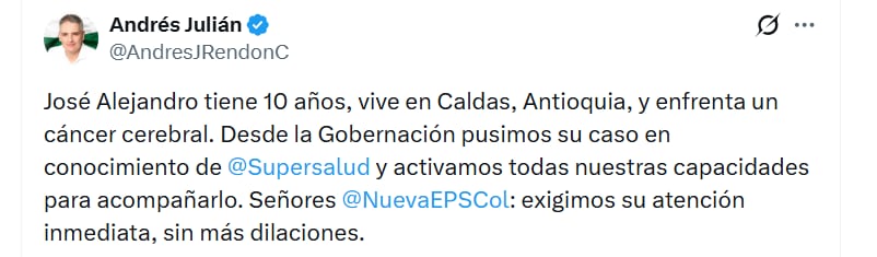 Las autoridades activaron gestiones administrativas ante la Superintendencia de Salud para garantizar tratamientos inmediatos a este menor - crédito @AndresJRendonC / X