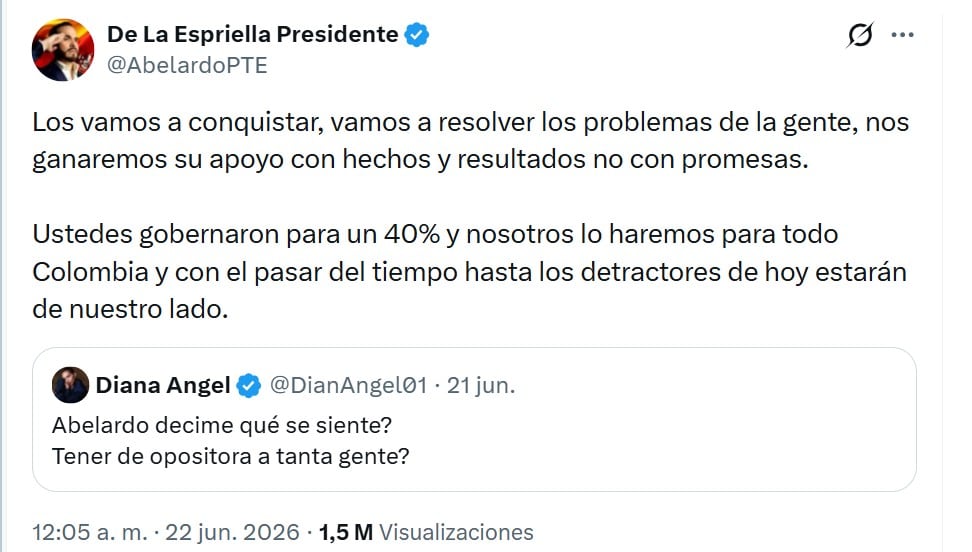Simpatizantes de Abelardo de la Espriella respondieron a Diana Ángel y a ella le convenció su respuesta - credito @AbelardoPTE/X