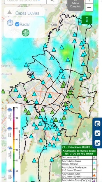 Panorama de lluvias en Bogotá en pleno mediodía del 15 de abril - crédito @IDIGER/X