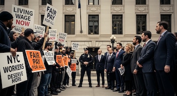 Manifestantes con carteles de salario digno a la izquierda, personas en traje a la derecha. Un oficial de policía los separa frente a un edificio.