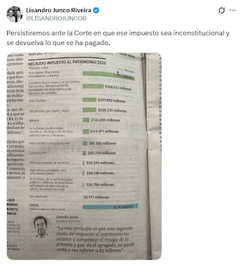 Lisandro Junco, exdirector de la Dian, dijo que insistirá en que el impuesto al patrimonio se declare como inconstitucional - crédito @LisandroJuncoR/X