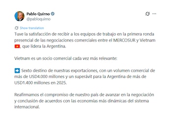 Captura de pantalla de una publicación en la red social X del funcionario Pablo Quirno sobre negociaciones entre el Mercosur y Vietnam