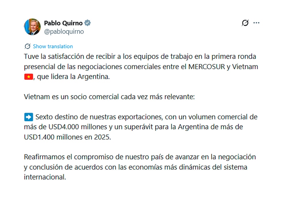 Mercosur y Vietnam avanzan hacia un acuerdo comercial clave