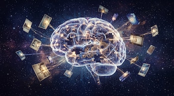 Cerebro translúcido y luminoso en el espacio rodeado de fotos antiguas y bloques digitales conectados por luz, sobre un fondo de estrellas.