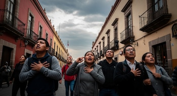 Un grupo de residentes mexicanos con expresiones de terror y desesperación mira hacia arriba en una calle, algunos se llevan la mano al pecho, con edificios coloridos.