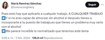 La enfermera María Ramírez Sánchez reflexiona en X (Twitter) sobre la normalización del alcohol en España