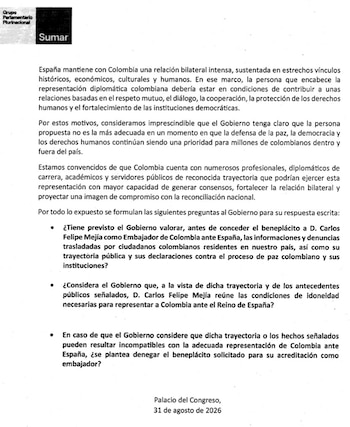 Carta Enrique Santiago contra Carlos Felipe Mejía - crédito @EnriqueSantiago/X