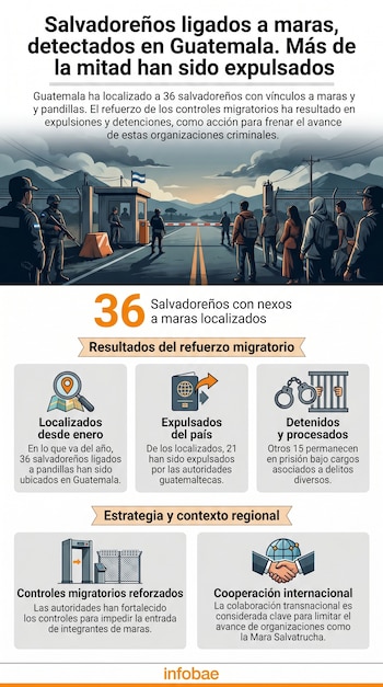 Infografía de un puesto fronterizo con seguridad y gente. Muestra datos sobre localización, expulsión y detención de pandilleros salvadoreños en Guatemala.