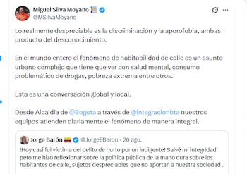 Miguel Silva Moyano, secretario general de la Alcaldía Mayor de Bogotá, calificó de "despreciable" el pronunciamiento de Jorge Eduardo Barón sobre los habitantes de calle - crédito @MSilvaMoyano/X