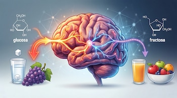 Ilustración de un cerebro central, mostrando la glucosa (azúcar, uvas, estructura) con vías anaranjadas y la fructosa (frutas, zumo, estructura) con vías moradas.