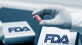 Mano con guante blanco sujeta una píldora blanca con puntos rojos; un logotipo azul oscuro de la FDA se ve en el fondo sobre una superficie clara.