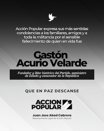 Comunicado institucional con una paloma blanca, el nombre de Gastón Acurio Velarde y el logotipo del partido Acción Popular sobre fondo gris