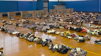 Hileras de zapatos y zapatillas sobre el suelo de madera de un gimnasio, con cajas de cartón al fondo junto a una pared azul