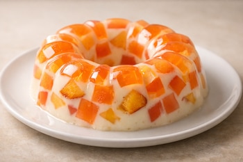 Gelatina de mosaico de durazno en forma de anillo con cubos anaranjados y trozos de durazno en base blanca cremosa, servida en un plato blanco liso.