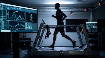 Un hombre corre en una caminadora dentro de una habitación oscura rodeado de monitores digitales con gráficos y cámaras con luces rojas.