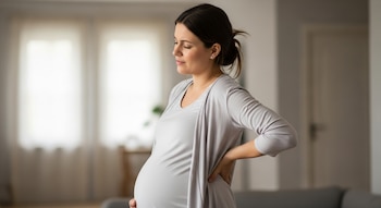 Una mujer embarazada, de pie en un entorno doméstico, viste ropa gris clara. Tiene una mano en su espalda baja y los ojos cerrados, con expresión de incomodidad.