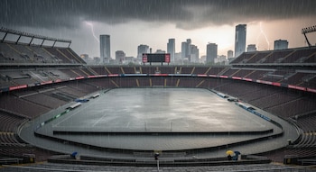 Estadio con gradas vacías, campo de juego con agua acumulada, lluvia intensa, cielo oscuro con relámpagos, edificios de ciudad a la distancia.