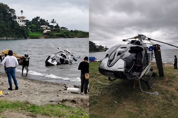Dos imágenes adosadas de un helicóptero dañado, una parcialmente sumergido en el agua y otra apoyado sobre la hierba en la costa.