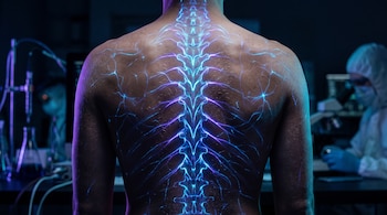 Espalda de un hombre iluminada por líneas azules sobre la columna en un laboratorio oscuro con científicos de fondo.