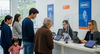 Personas de diversas edades hacen fila en una oficina de Reniec. Una madre con su hija, un joven y una adulta mayor interactúan con personal y dispositivos digitales.