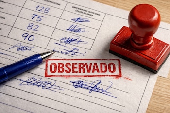 Primer plano de acta electoral peruana con cifras, firmas y un gran sello rojo 'OBSERVADO'. Un bolígrafo azul y un sello de goma rojo están sobre un escritorio.