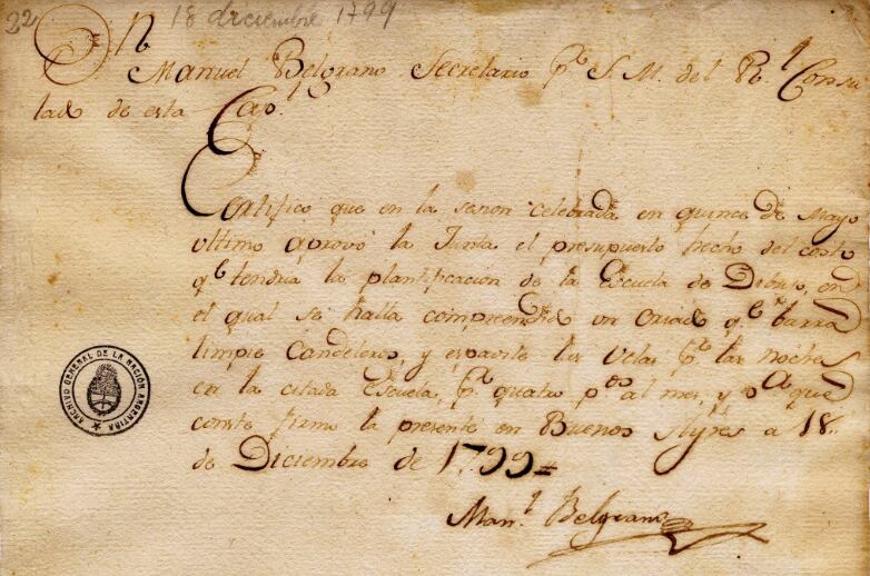 Certificado firmado por Belgrano, sobre aprobación del presupuesto de planificación de la Escuela de Dibujo, fechada el 18 de diciembre de 1799 (Archivo General de la Nación)